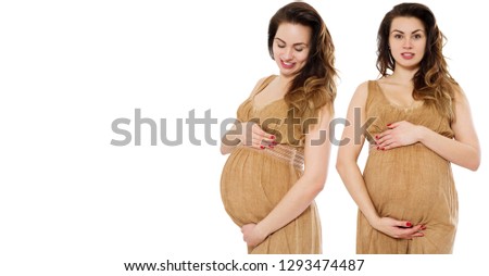 Pregnant women collage in dress holds hands on belly isolated on white background. Pregnancy and maternity concept. Mother day. Copy space.