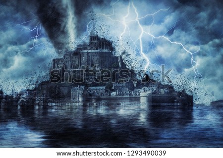 Mont saint michel during the heavy storm, rain and lighting in France. Creative picture.