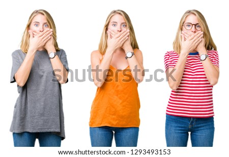 Collage of beautiful blonde woman over white isolated background shocked covering mouth with hands for mistake. Secret concept.
