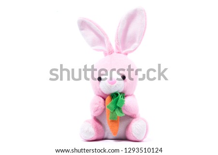 pink plush rabbit with carrot, isolate, festive easter rabbit