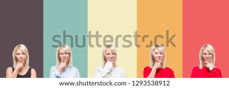 Collage of beautiful blonde woman over vintage isolated background looking confident at the camera with smile with crossed arms and hand raised on chin. Thinking positive.