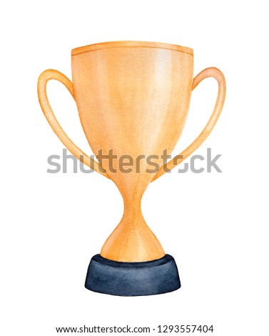 Champion golden trophy cup watercolour sketch. One single object, elegant classic shape, black stand, front view. Hand drawn water color graphic painting on white background, cut out clip art element.