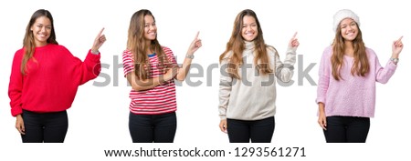 Collage of beautiful young woman over isolated background with a big smile on face, pointing with hand and finger to the side looking at the camera.