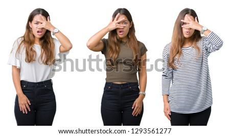 Collage of beautiful young woman over isolated background peeking in shock covering face and eyes with hand, looking through fingers with embarrassed expression.