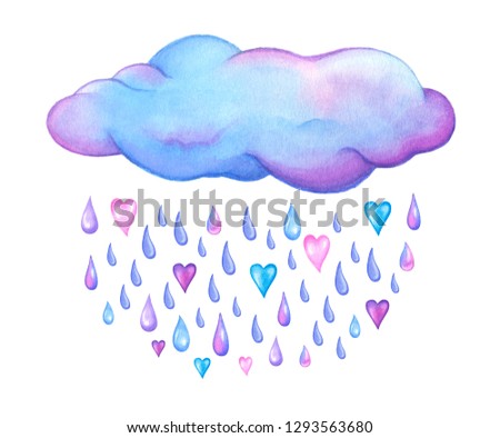 Cloud, weather element with hearts and raindrops isolated on white. Cute watercolor hand drawn illustration, clip art. Romantic symbol for Valentine's day , love or childish designs.