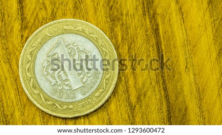 Closeup picture of one Turkish Lira coin on wooden background.