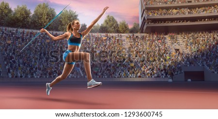 Young black female javelin thrower throwing a spear. Athlete in sport clothes at athletic sport track in professional stadium Royalty-Free Stock Photo #1293600745