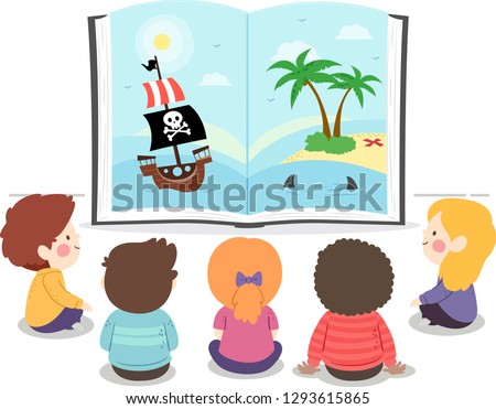 Illustration of Kids Sitting Down on the Floor and Looking at an Open Book with Pirate Story
