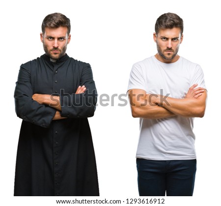 Collage of handsome young man and catholic priest over isolated background skeptic and nervous, disapproving expression on face with crossed arms. Negative person.