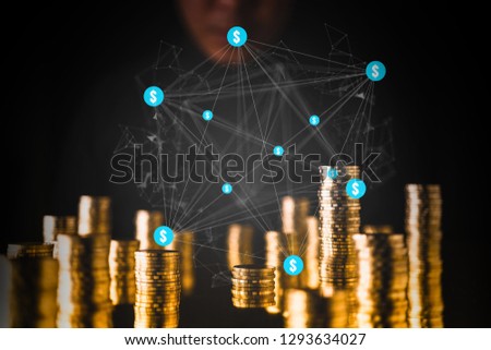 business financial ideas concept  businessman hand manage money coin stack and connecting dot virtual dollar sign black background