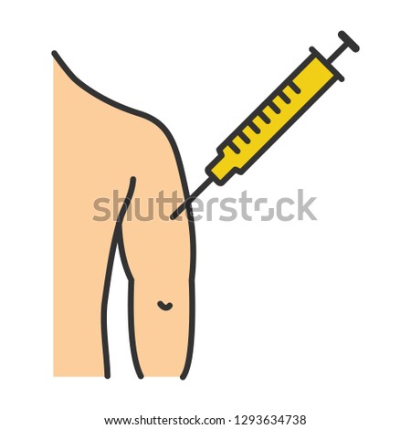 Injection in man's arm color icon. BCG, hepatitis, diphtheria immunization and vaccine. Disease prevention. Isolated vector illustration