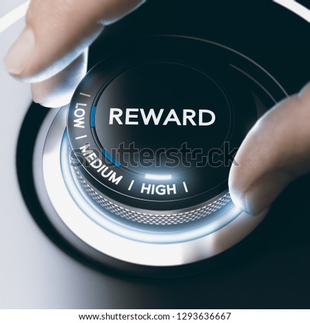 Man turning a knob with low, medium or high reward position. Concept image. Composite image between a hand photography and a 3D background.