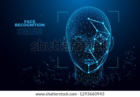 Face Recognition. Facial Recognition System concept. biometric scanning, 3D scanning. Face ID. Identification of a person through the system of recognition. Polygon vector wireframe concept.  Royalty-Free Stock Photo #1293660943