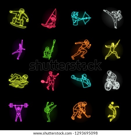 Different kinds of sports neon icons in set collection for design. Athlete, competitions vector symbol stock web illustration.