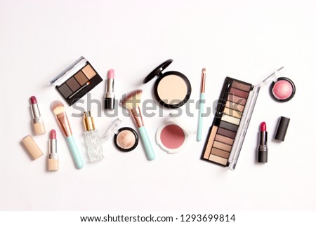 
professional makeup tools. Products for makeup on a white background top view. A set of various products for makeup.
