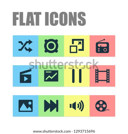 Media icons set with film reel, pause, shuffle and other maximize elements. Isolated vector illustration media icons.