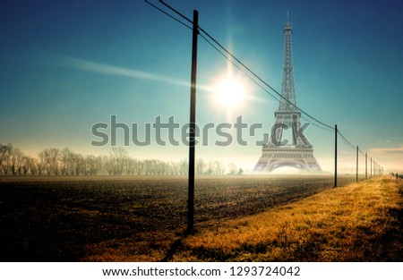 a Winter panorama in the morning with fog and Eiffel Tower