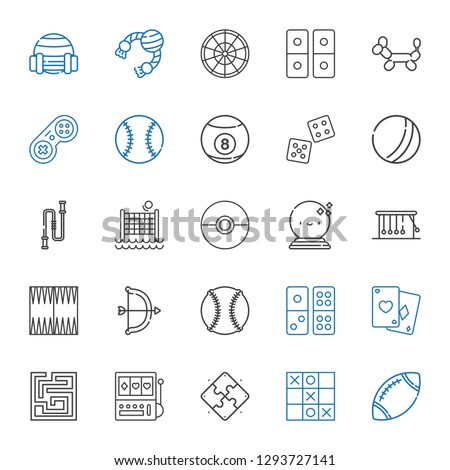 game icons set. Collection of game with rugby, tic tac toe, puzzle, slot machine, labyrinth, poker, domino, baseball, archery, backgammon, newtons cradle. Editable and scalable game icons.