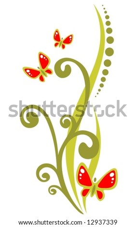 Red ornate butterflies and green curves isolated on a white background.