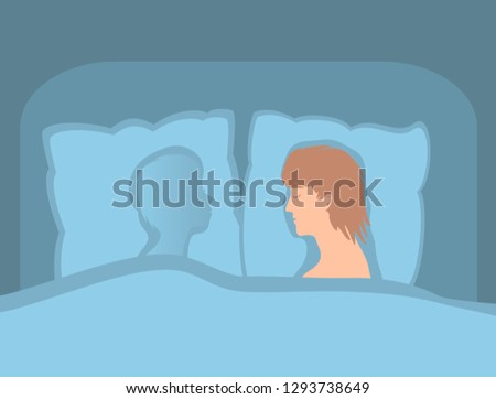 The man is alone in bed. Guy in separation from darling. Her beloved place is empty. Only her ghost on the pillow. Vector illustration.