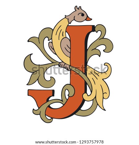 Letters J Drop Caps. Vector hand-drawing letter. Fabulous ornament with a bird.
