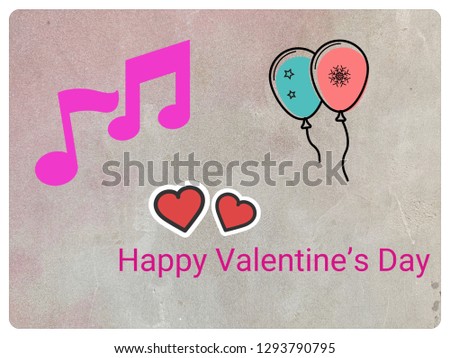 Happy Valentine’s Day card with hearts balloons music notes and simple background
