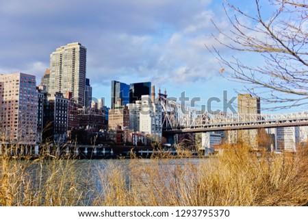 winter scenery of cityscape of east side midtown manhattan and east river new york city usa
