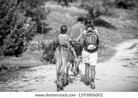 Summer, sunny day. Mom rolls the baby on a donkey on the road among the mountains of Crimea. Picture taken in Ukraine. Kiev region. Horizontal frame. Black and white image
