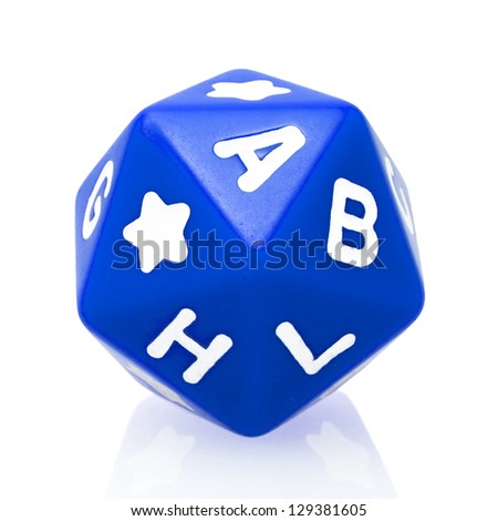 Blue Icosahedron dice with letters isolated on white background
