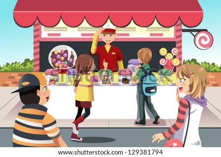 A vector illustration of kids buying candy at a candy shop