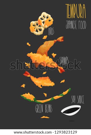 Tempura japanese food vector set. Shrimp tempura. Tempura ingredients. Vector illustration