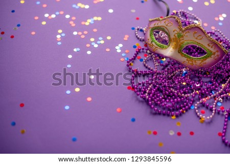 Mask, beads and confetti festival. Carnival. Mardi gras. Brazilian carnival. Spring