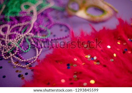 Mask, beads and confetti festival. Carnival. Mardi gras. Brazilian carnival. Spring