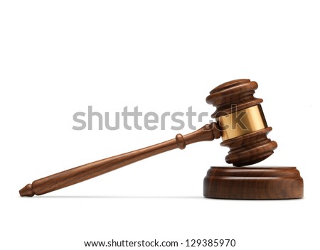 A wooden judge gavel and soundboard isolated on white background. Royalty-Free Stock Photo #129385970