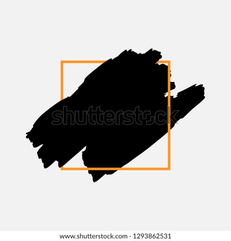 Art abstract black brush paint texture design acrylic stroke over orange square frame vector illustration. Logo brush painted watercolor background. Perfect For Logo, Sale banner, Icon, headline.
