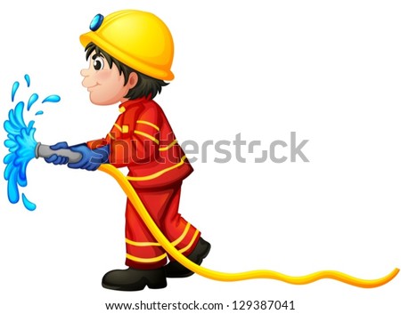 Illustration of a fireman holding a water hose on a white background