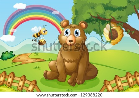 Illustration of a bear and a bee near a beehive