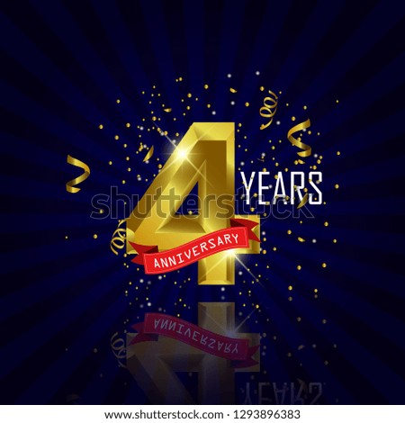 4 years anniversary Vector Template Design with golden color and silver ribbon isolated on blue sunburst background illustration for celebration event - Vector