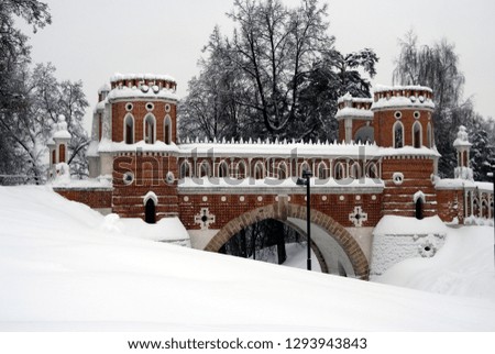 Architecture of Tsaritsyno park in Moscow. Color winter photo. Free entrance public park. 