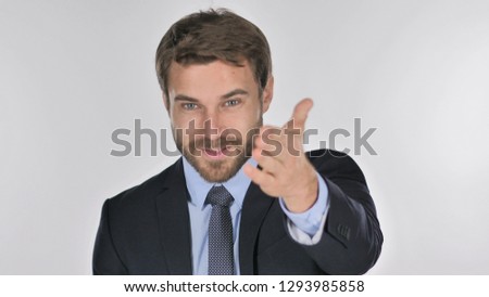Portrait of Businessman Inviting Customers with Both Hands