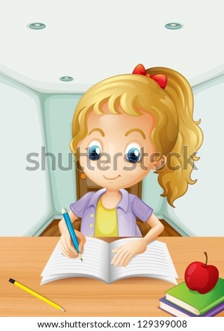 Illustration of a girl with an apple at the top of a book