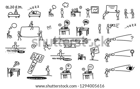 Vector illustration, business scribing doodle set. Man running, learning, sitting, searching, walking in danger, facing deadline and insomnia, making deals. Line style. Applicable for posters, web ban