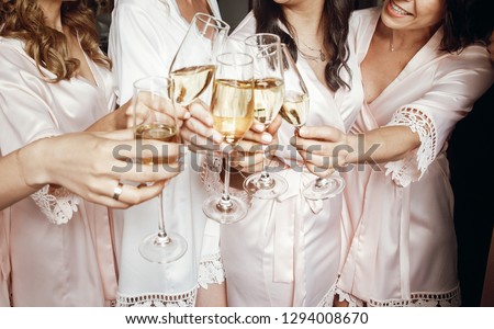 Bride and bridesmaids stand in silk robes with glasses of champagne Royalty-Free Stock Photo #1294008670