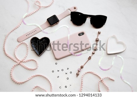 Styled stocked photo for business women, social media, feminine posts. Pink and gold theme. Technology and luxury elements. Valentine’s Day and loved themed. Youthful elegant mock-up. Blank spaces.