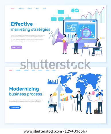 Effective marketing strategies, modernizing business process website vector. Businessmen and laptop, loudspeaker and graphics or diagrams, world map. Webpage template landing page in flat
