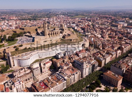 Panoramic view from drone of Catalan city of Lleida with medieval Cathedral of St. Mary of La Seu Vella