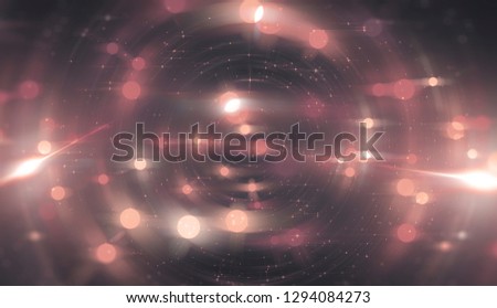 Abstract pink bokeh circles on a black background. Glamour illustration with particles and rays.
