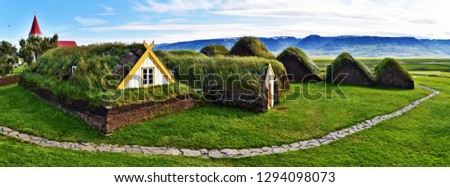 Panoramic view at Traditional Icelandic farm  Glaumbaer composed of turf houses in Northern Iceland.  Royalty-Free Stock Photo #1294098073