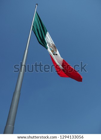 National maxican flag on beach at bay of Pacific Ocean in Acapulco city in Mexico with trees and clear blue sky in 2018 warm sunny day, North America on March - vertical.