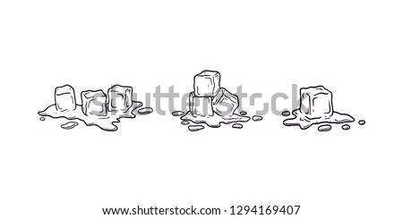 Ice cube melting black outline illustration set vector. Melting ice cubes different set drawing with wet drops and liquid water around. Different shapes and simple cartoon original logo icons.